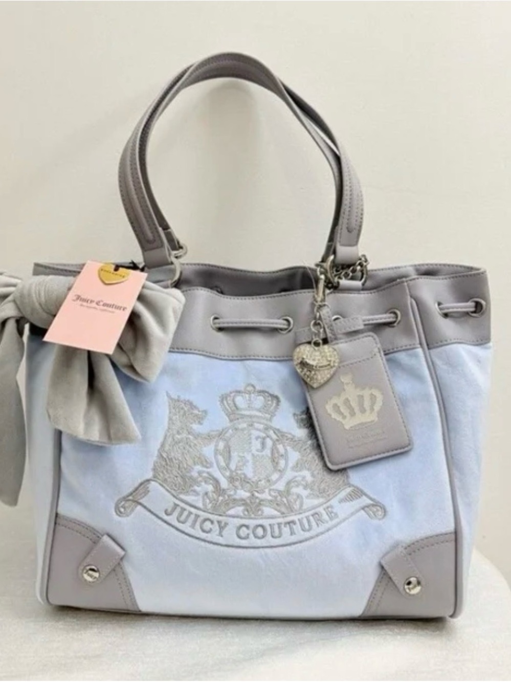 Juicy Couture Pale Blue & Gray Tote with Crest Embroidery